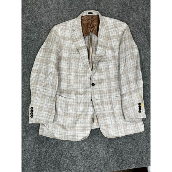 Peter Millar Crown Crafted Linen Gray Tan Plate Blazer Two Button Size 46 R